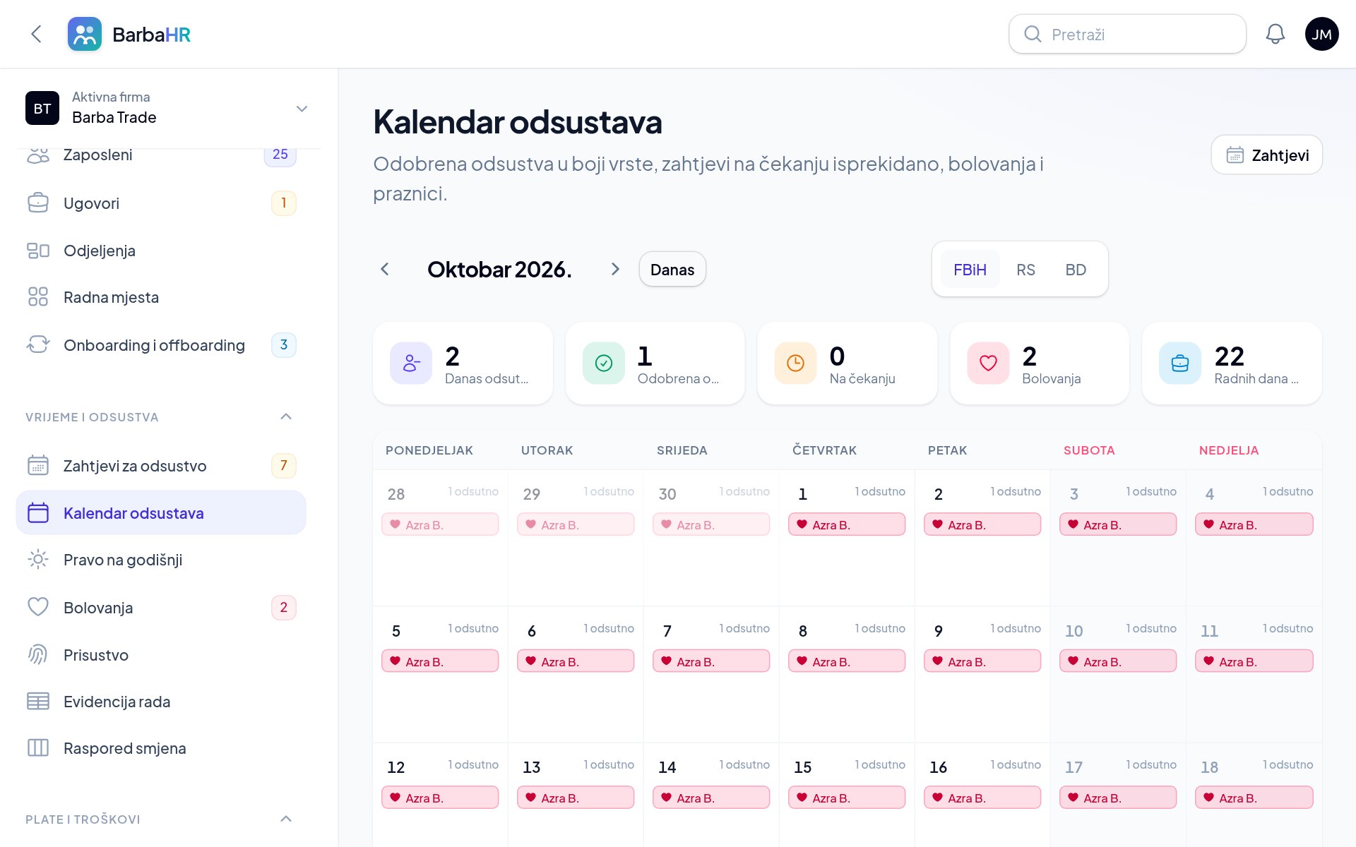 Ilustracija aplikacije BarbaHR: dashboard odsustava i mobilna aplikacija za radnike: Kalendar