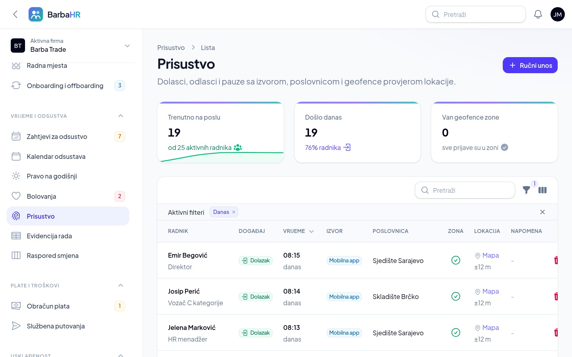 Ilustracija aplikacije BarbaHR: dashboard odsustava i mobilna aplikacija za radnike: Prisustvo